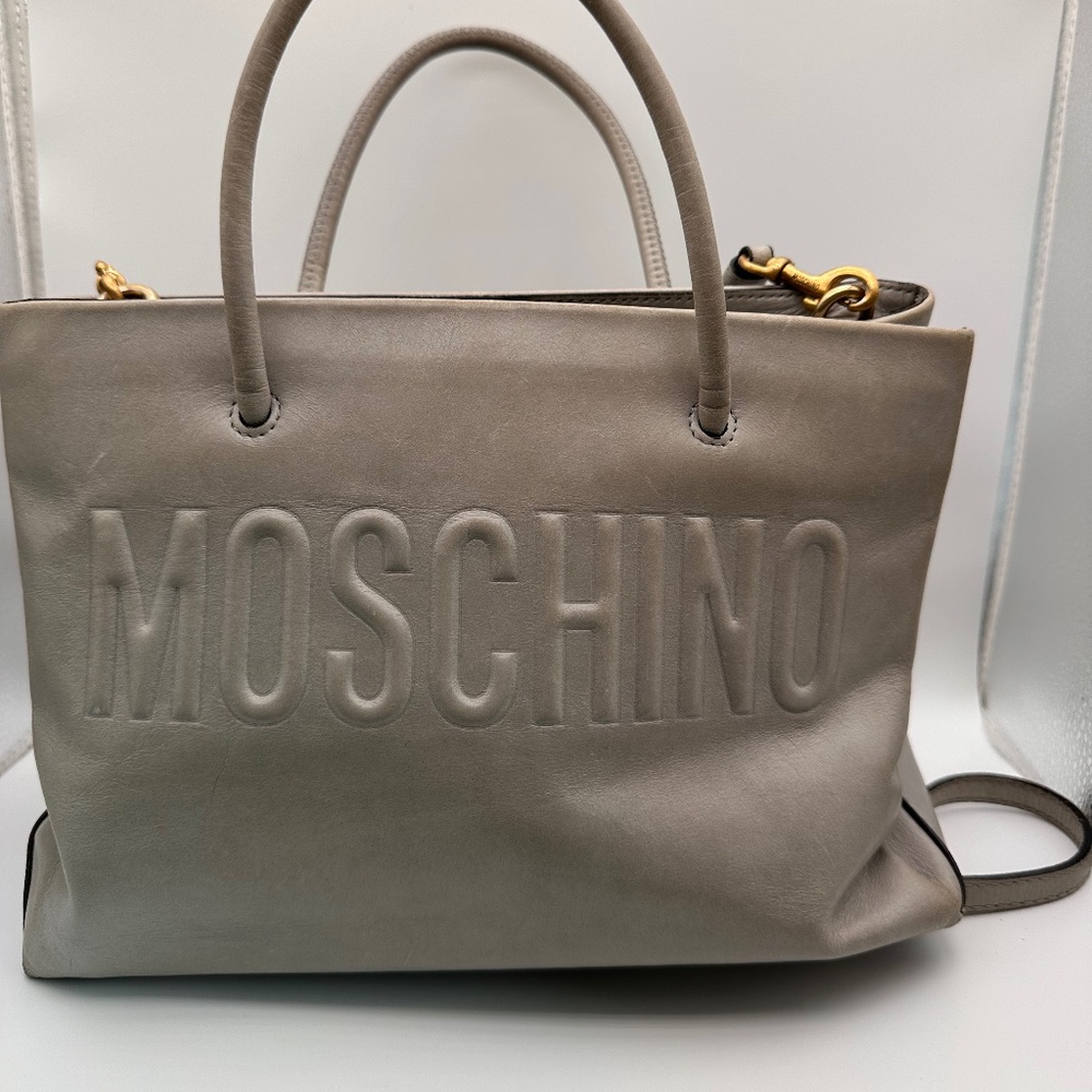 Moschino Genuine Calf Leather Tote Bag with Crossbody Made in ITALY EUC Grey